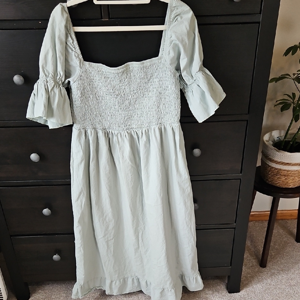 100 % Cotton Light Sage Green Smocked Midi Dress - Women's